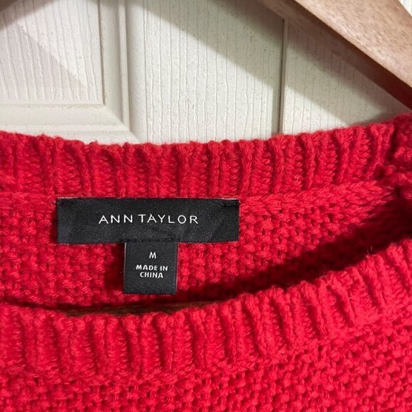 Ann Taylor Women's Red Wool Blend Cable Knit Bobble Raglan Sweater Medium - Picture 2 of 7